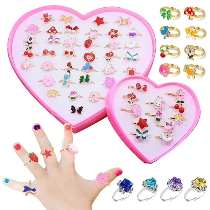 Children Princess Rings with Box Metal Adjustable Cartoon Fashion Makeup Pretend Games Girls Birthday Gifts Kids Rewards TMZ