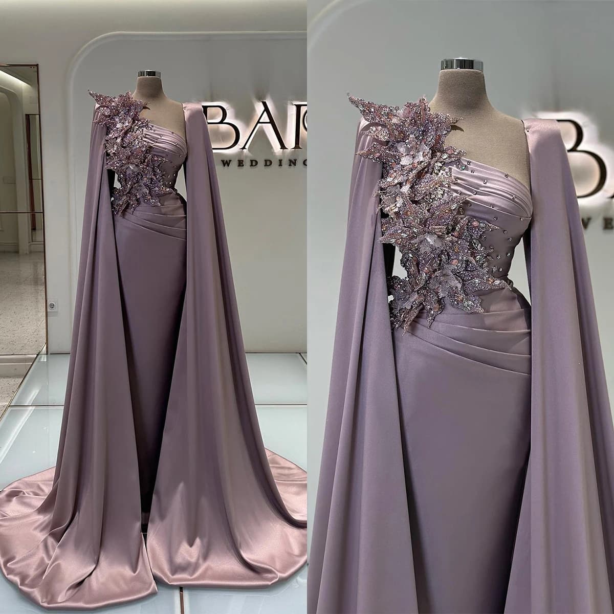 Mermaid Evening Dresses Sleeveless Bateau Capes Sequins Beaded Appliques Satin Diamonds Plus Size Prom Dresesses Custom Made