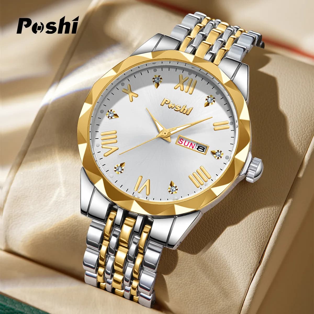 POSHI Quartz Watch for Men Luxury Fashion Stainless Steel Men's Watches Original Simple Clock with Date Week Business Wristwatch