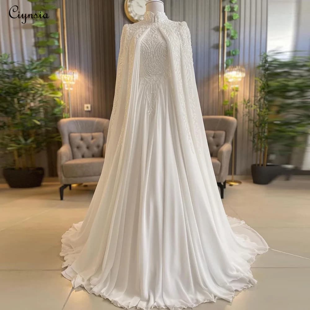 Ciynsia Luxury Customized Muslim Wedding Dress 2025 Bride Chiffon With Beading A-Line Bridal Gowns with Cape Robe De Mariée