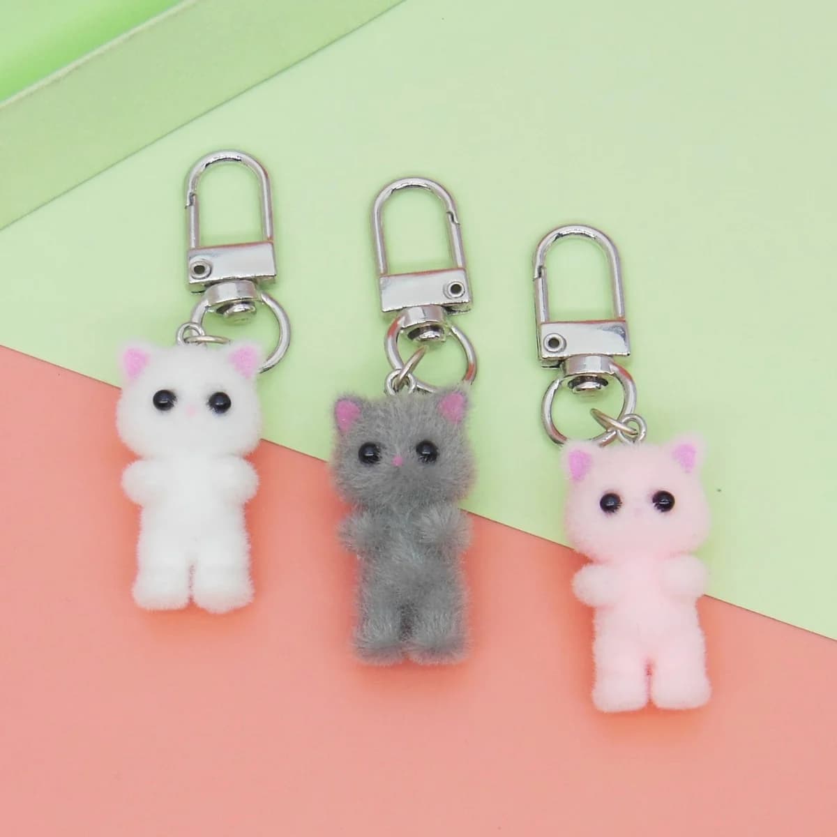 Cute 3D Flocking Kitten Keychain Cat Couple Mobile Phone Pendant Car Keyring Earphone Backpack Charms Bag Decor