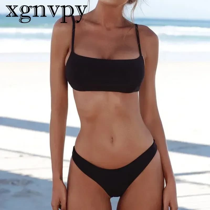 xgnvpy New Summer Sexy Bikini Set Solid Swimsuit Women Swimwear Push Up Bandeau Bandage Beach Bathing Suit Swimwear Resort Wear
