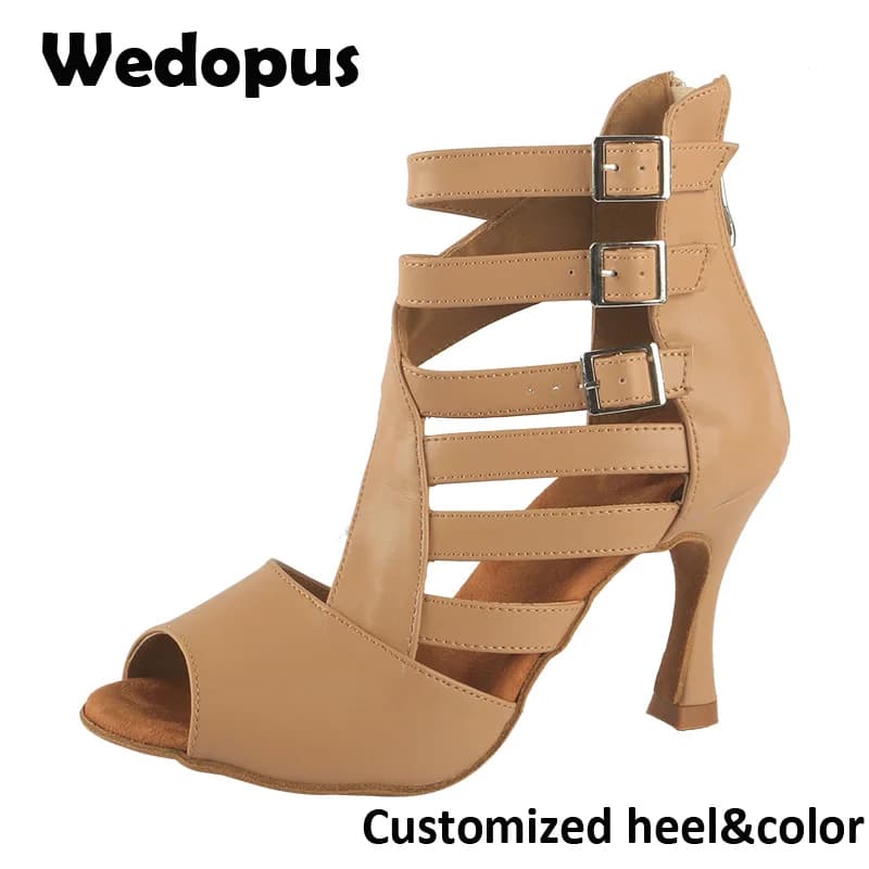 Wedopus Customized Women's 9CM Dance Latin Boot Microfiber Suede Sole Tan Dancing Shoes Boots with Zipper