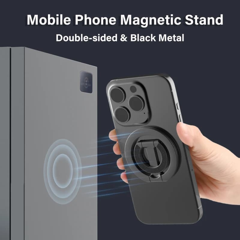 Double-Side Magnetic Phone Ring Holder for MagSafe Folding Kickstand Black Metal Magnet Stand for iPhone 16 15 14 Xiaomi Samsung
