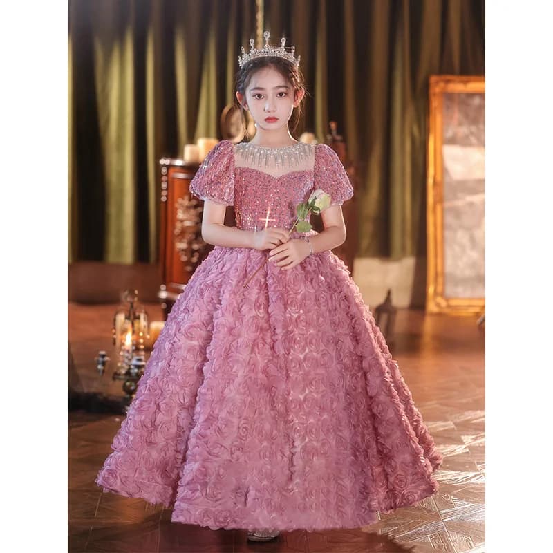 Girls dress pink floor length children's princess dress round neck puff sleeve sequin dress