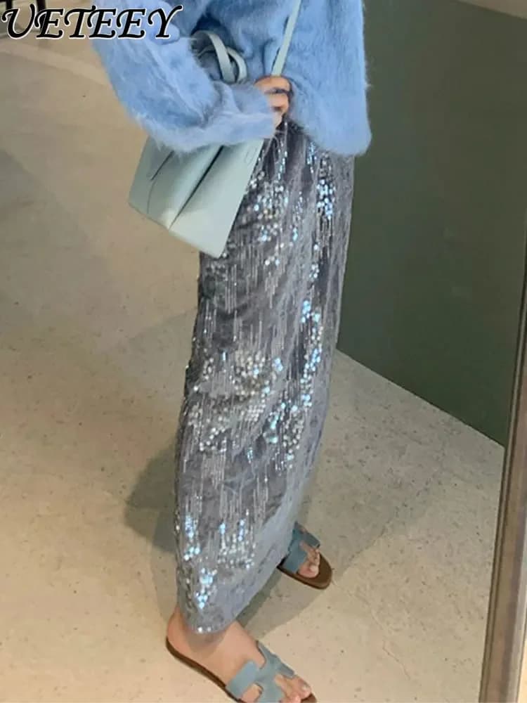 Silver Paillette Skirt Women's Autumn and Winter 2025 New Thickened High Sense Temperament Entry Lux Split Straight Long Skirts