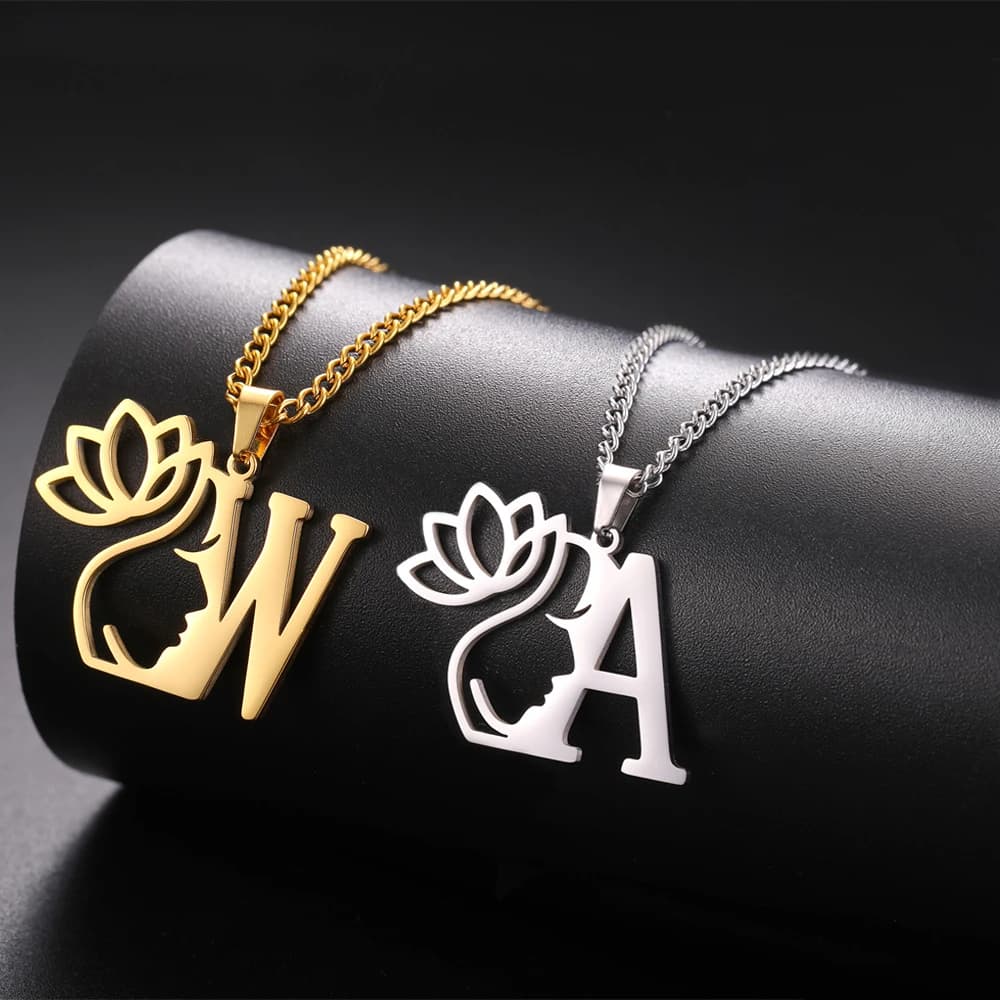 EUEAVAN Beauty Lotus Flower Letter Necklace for Women Stainless Steel Initial Pendant Necklace Alphabet Jewelry Christmas Gifts