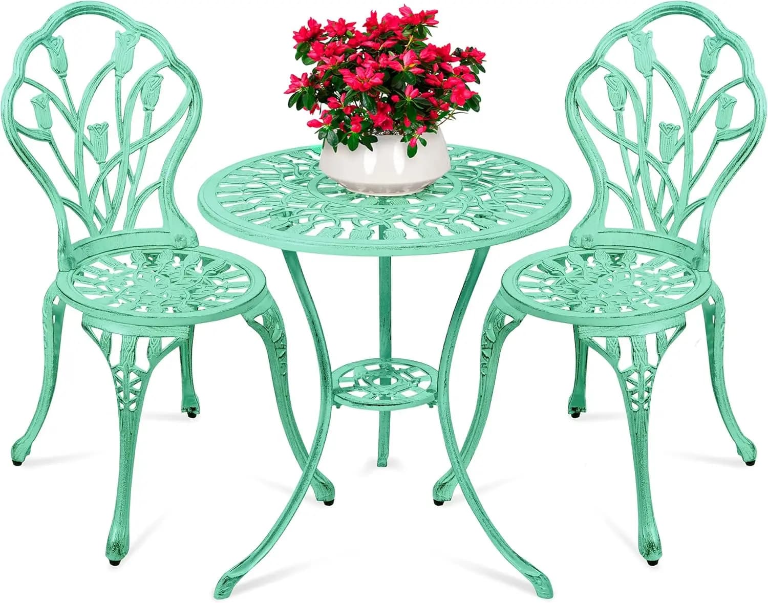 3-Piece Outdoor Rust-Resistant Cast Aluminum Patio Bistro Set w/Tulip Design, Antique Finish - Teal  Patio Furniture Sets