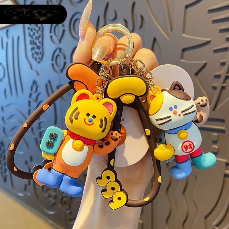 Cartoon Lucky Tiger Ingot Cat Doll Pendant Keychain Cute Feline Wealth Animal Backpack Car Accessories Key Chain for Women Child