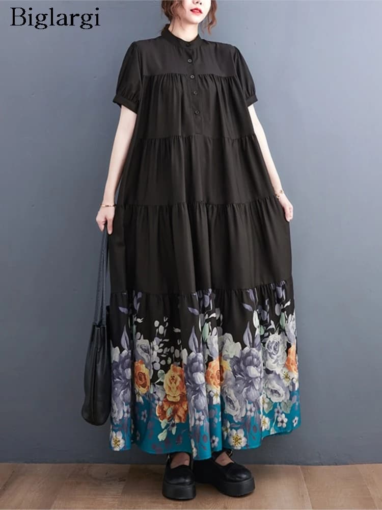 Oversized Summer Short Sleeve Long Dress Women Flower Print Fashion Ruffle Pleated Ladies Dresses Casual Loose Woman Dress