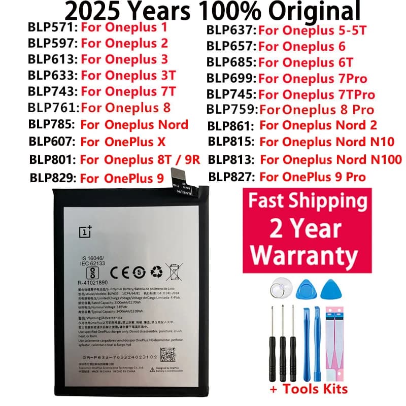 Original Battery For Oneplus one 1+ For OnePlus 1 2 3 1+3 One Nord 2 N10 X 3 3T 5 5T 6 6T 7 7T 8 8T 9 9R 9RT Pro Plus Batteries