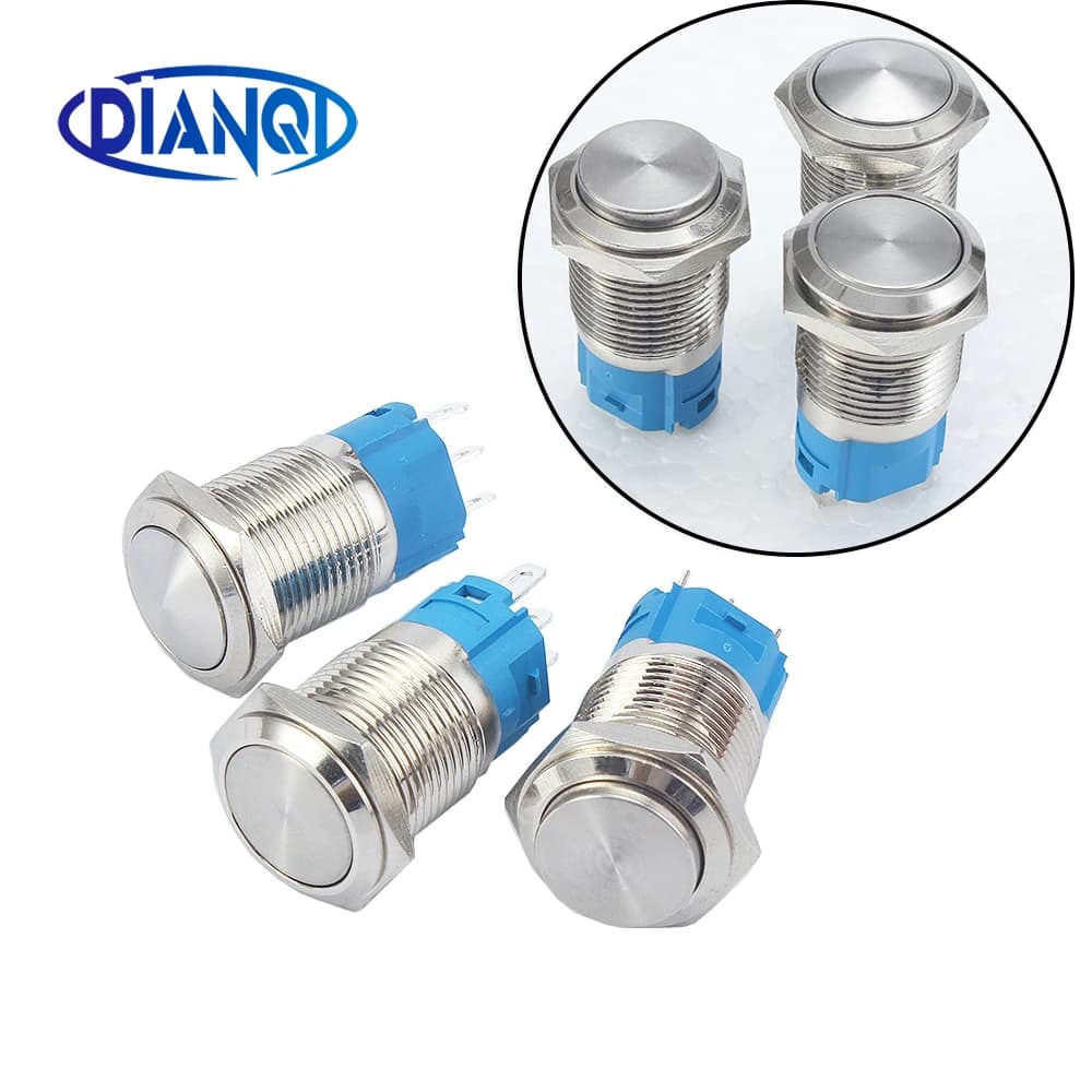  Silver Brass nickel plating 16mm metal push button switch 3A 250V Momentary 1NO 1NC 3pins press switch car