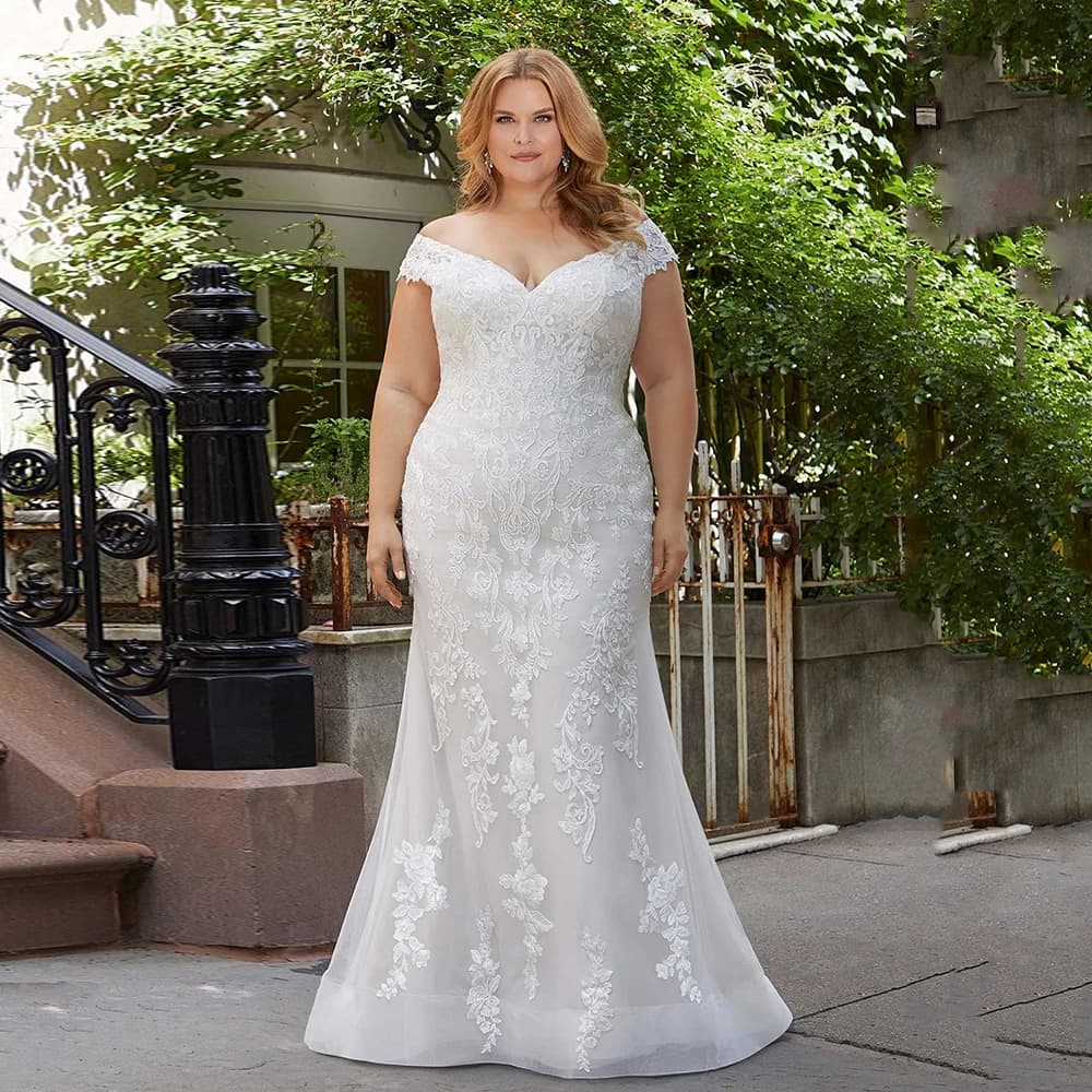 Modern Wedding Dresses For Women Off The Shoulder V-Neck  Bride Gowns With Lace Applique Mermaid Vestido Plus Size PSL980011