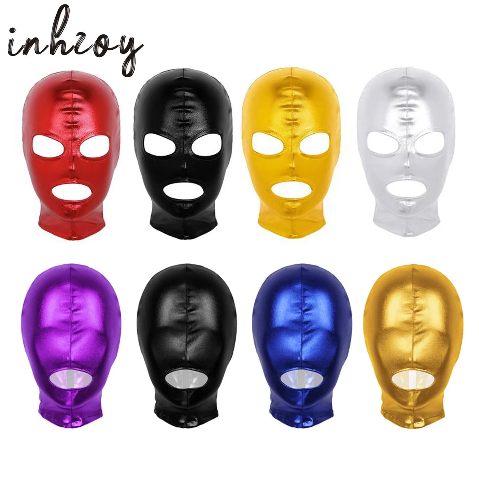 Women Mens Cosplay Face Mask Metallic Shiny Zipped PU Leather Latex Head Cover Open Mouth and Eye Role Play Costume Clubwear