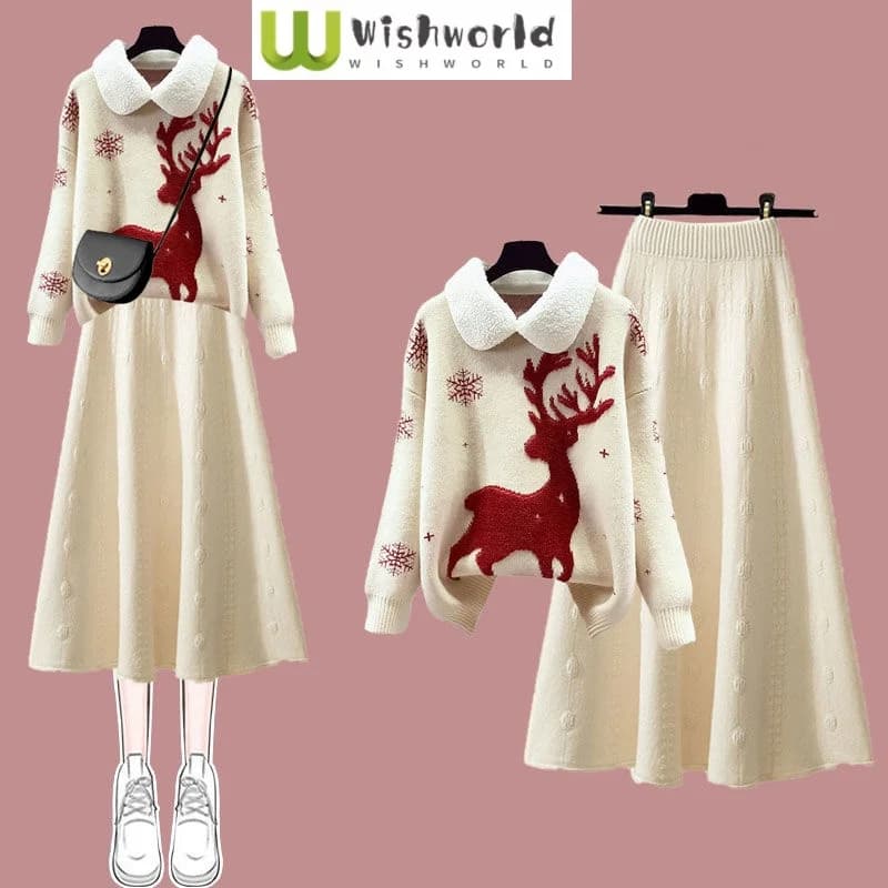 Autumn Winter Cartoon Reindeer Embroidery Lapel Knit Sweater Pullover Slim Fit Knit Skirt Two-piece Set Women's Skirt Set