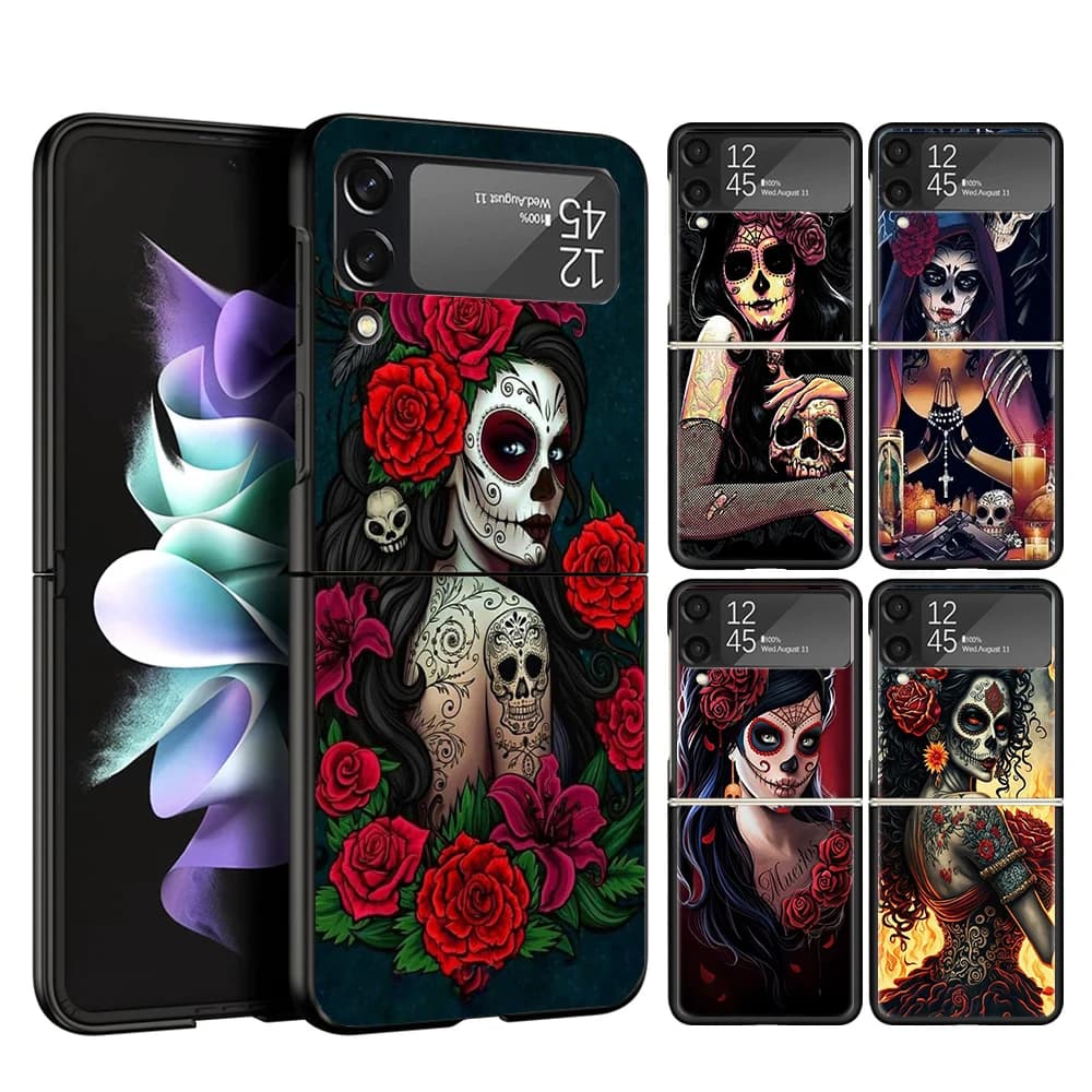 Catrina Beautiful Rose Girl Skull Case Phone Cover for Samsung Galaxy Z Flip 6 5 4 3 5G ZFlip6 ZFlip5 ZFlip4 ZFlip3 Black Hard T