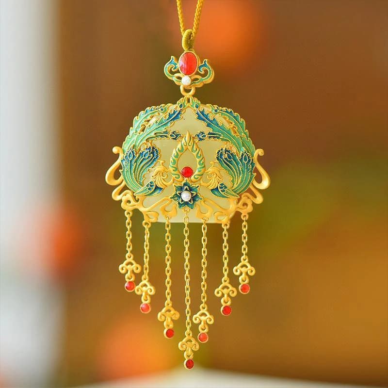 Ancient gold craftsmanship natural chalcedony enamel porcelain Phoenix South red tourmaline tassel necklace luxury jewelry