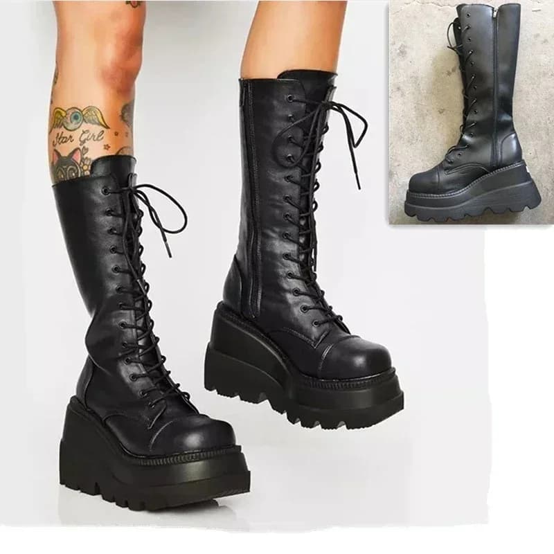 Punk Women Platform Boots Elastic Microfiber Chunky Heel Mid-calf Ladies Boots 2025 Spring Autumn Brand Black Goth Women Shoes