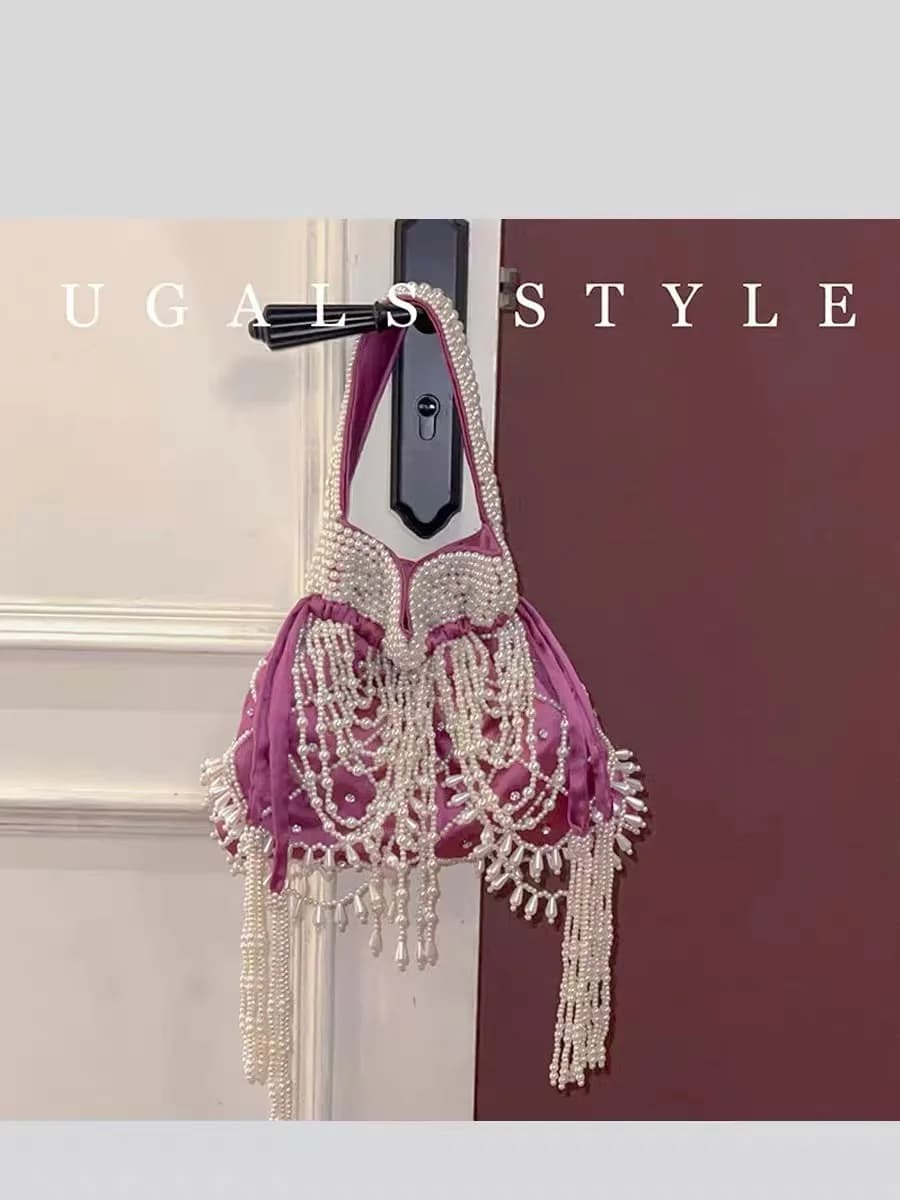 Fashion Beads Beaded Woven Handmade Bucket Bag Beads Beading Tassel String Women's Handbag Luxury Satin Shoulder Bag Lady Purse