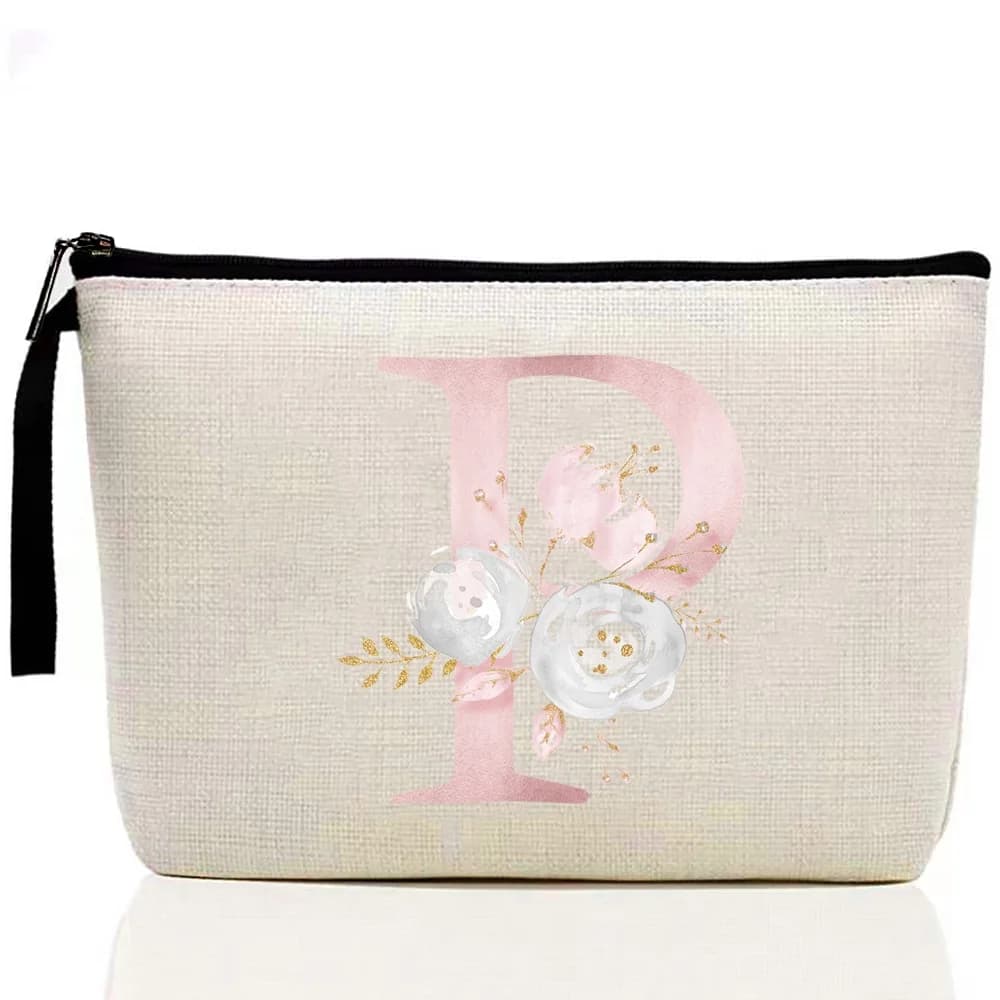Women's Cosmetic Makeup Bags 2022 Female Organizer Pink Flower 26 Letters School Pencil Cases Carrying Bag for Coin Purse Wallet