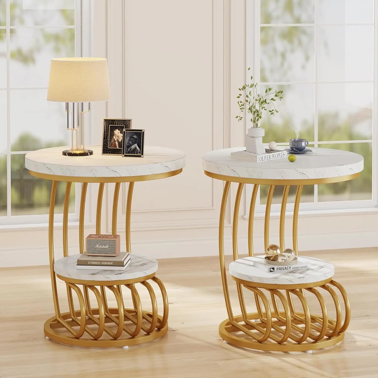 Tribesigns Gold Round End Table: 2 Tiers Side Table Set of 2 with Storage Shelf, Modern White Gold Bedside Nightstand, Metal Fau