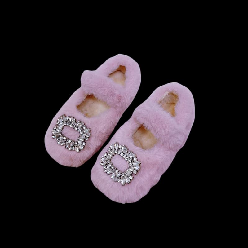 Girls' Winter Outerwear Cotton Shoes Square Head with Velvet Bean Single Shoes 2024 New Fashion Hairy Shoes for Girls'