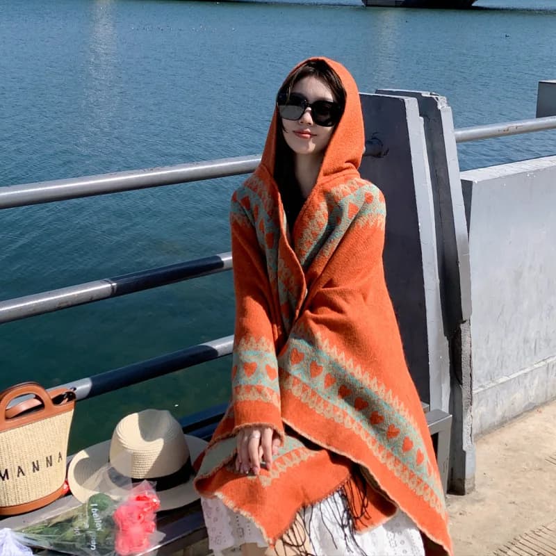 Poncho Imitation Cashmere Ethnic Scarf  Warm Shawl Women's Tourism Outwear Hooded Cloak Knitted Shawl Lady Capes Coat Orange