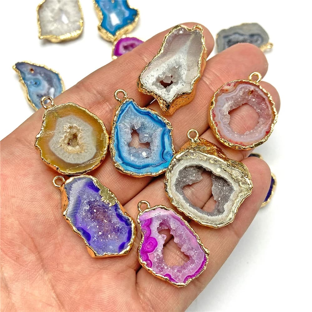 1Pc Natural Irregular Single Hole Druzy Pendant Healing Reiki Gems Pendant Gold Color Plated Slice Agates Charms for Jewelry DIY