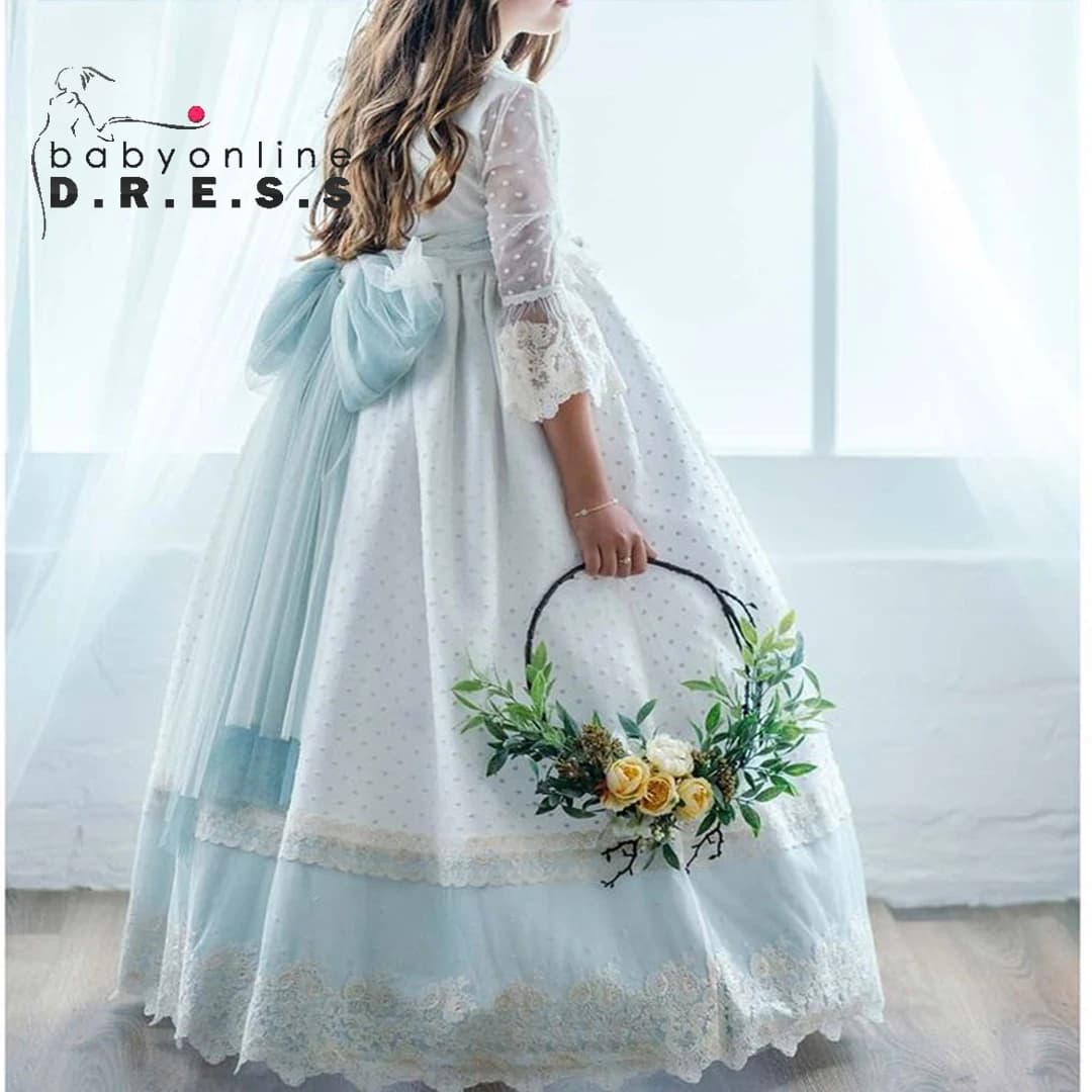 BABYONLINE Customized Holy Communion Dress Lace Half Sleeved Pink Flowers Embroidery Bodice Ribbon Belt Long Gown Ball Gown