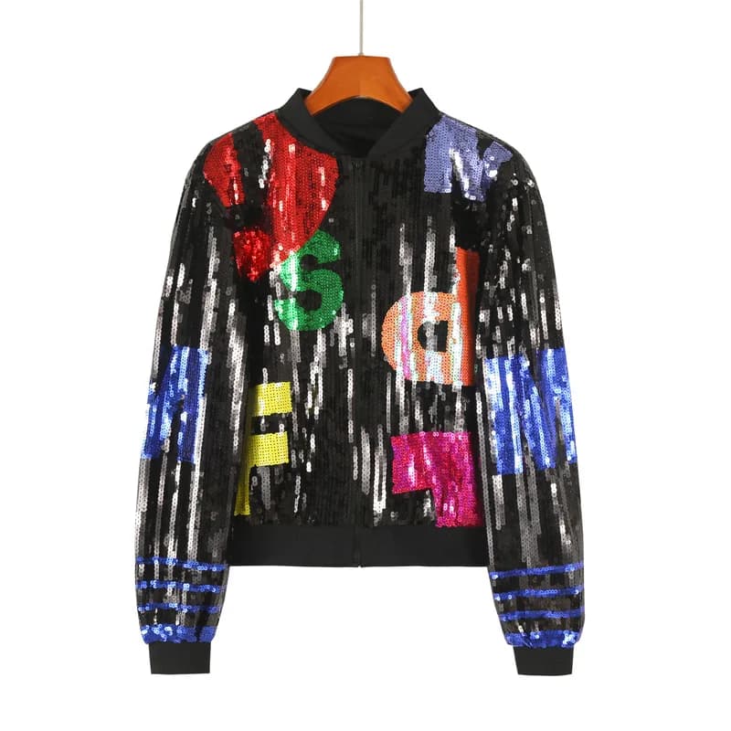 Women Sequined Jackets Punk European Cute Animal Dog Letter Zipper Coat American Bomber Girl Top Fashion Outerwear Autumn Winter