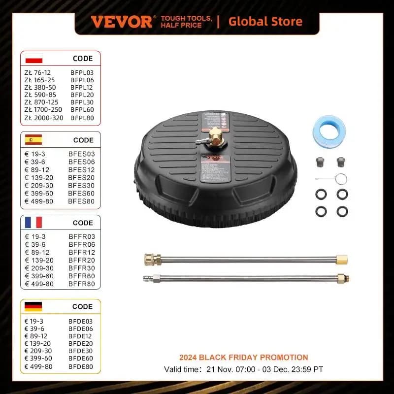 VEVOR 15/18/20/24" Pressure Washer Surface Cleaner w/ Handles & Wheels Stainless Steel Concrete Cleaner 4000 Max PSI for Garden