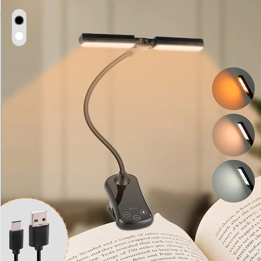 Dual Heads 14 LED Touch Control Reading Light with 3 Colors&8 Brightness USB Rechargeable Eye Care Book Light Clip on Book/Desk