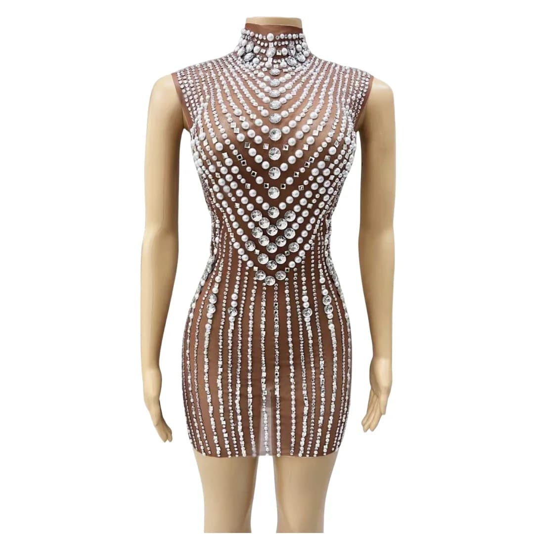 Full Rhinestone Sheer Sexy Women Mini Dress Birthday Drag Queen Outfit Pearl Stand Collar Singer Stage Wear Performance Show