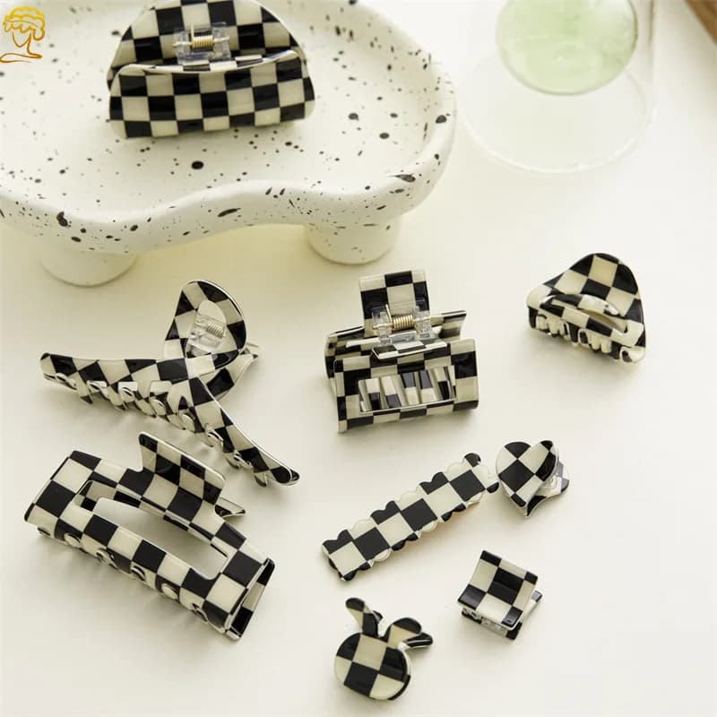 Korean Summer Style Black White Grid Series Of All Shapes Temperament Acetate Hair Claw Clips Women Girls Hair Accessories