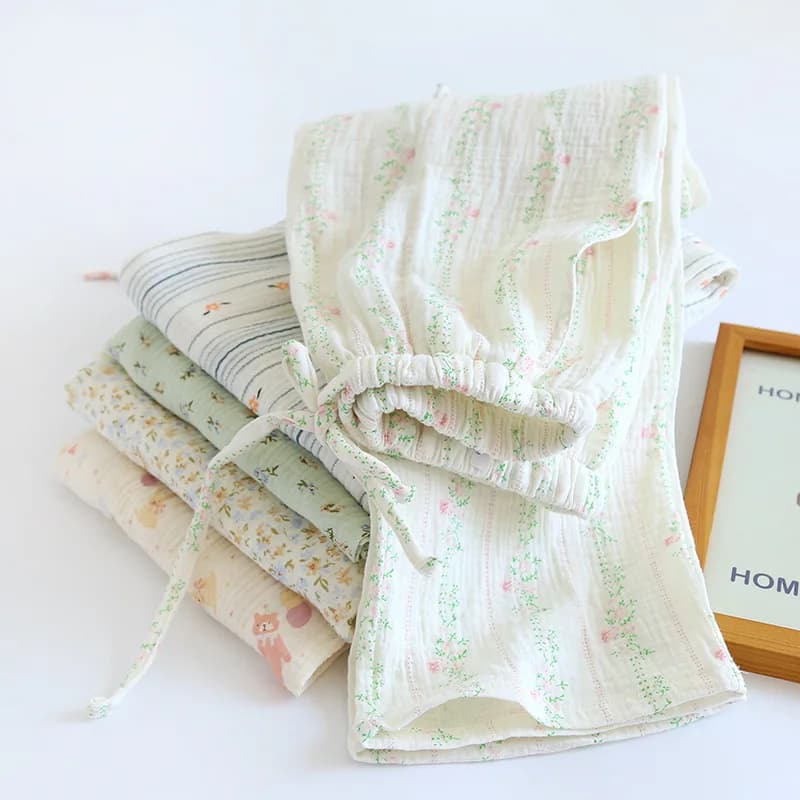 Spring Autumn Women 100% Cotton Yarn Sleep Bottoms Female Nightwear Ladies Casual Print Lounge Trousers Plus size Home Pants