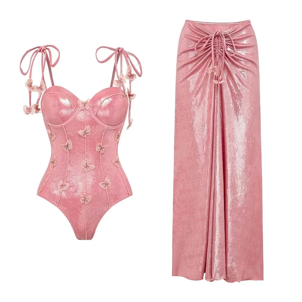 2025 Pink Shiny Embroidered Butterfly One Piece Swimsuit and Split Skirt Push Up Swimwear Monokini Bodysuit Bathing Suit