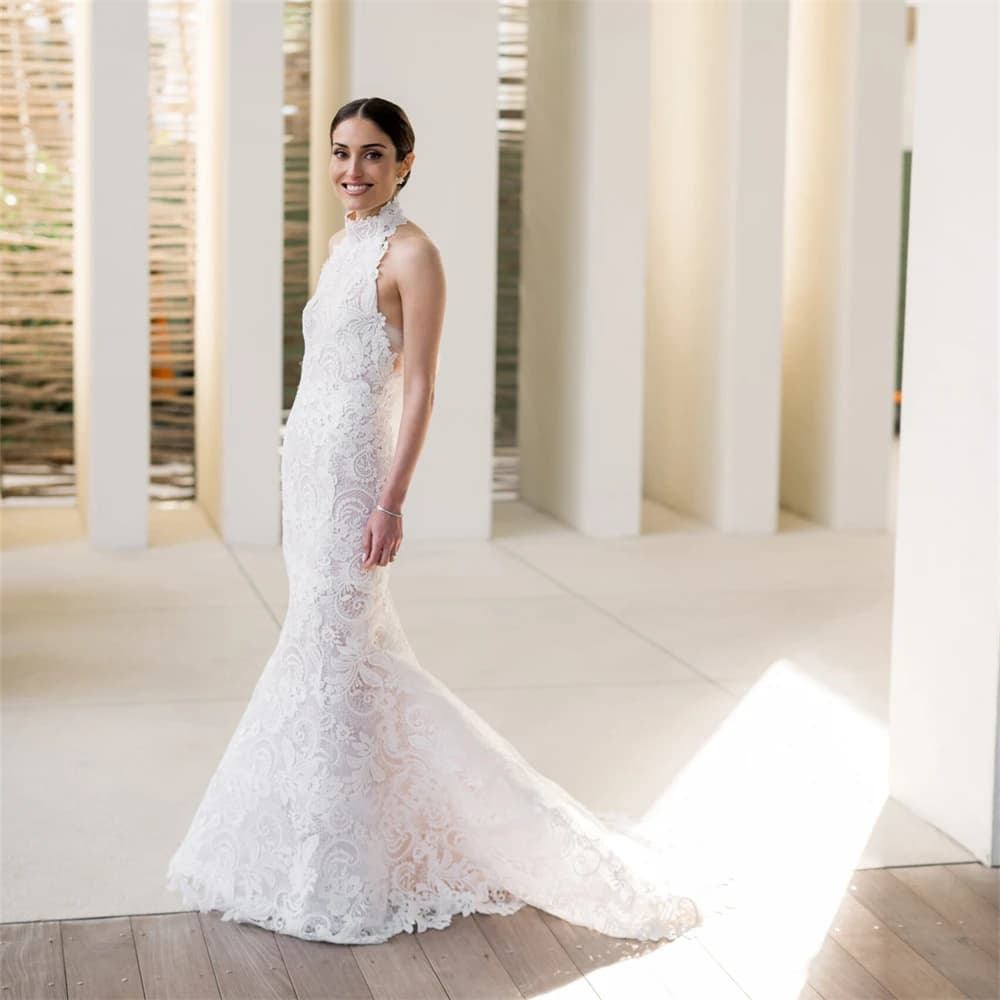 20293# Stunning Halter Neck Mermaid Wedding Dress For Bride 2024 Custom Made Romantic Customized Lace Backless Bridal Gown