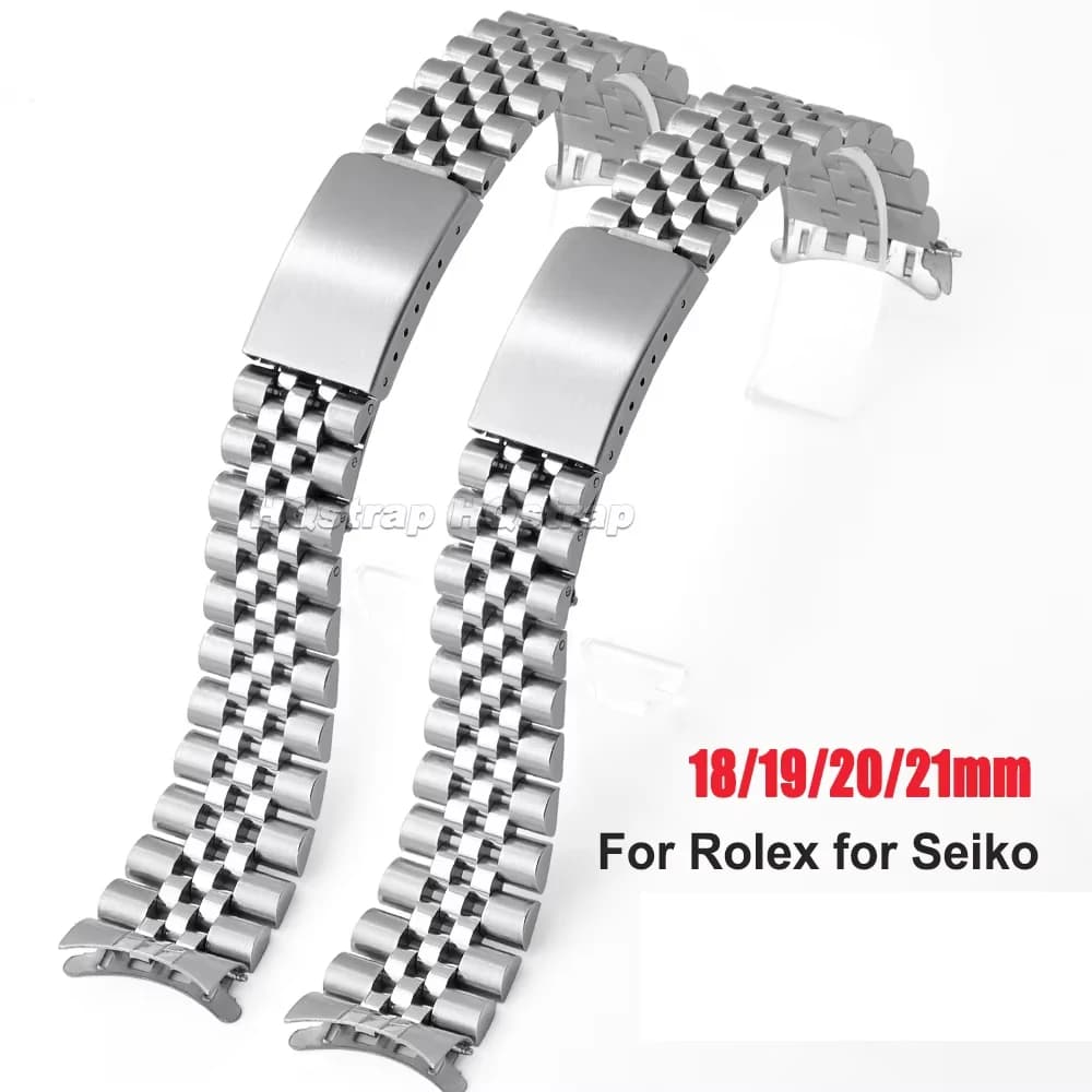 Curved End Solid Stainless Steel Watch Band 18mm 19mm 20mm 21mm Strap for Rolex Metal Belt for Seiko Folding Buckle Bracelet