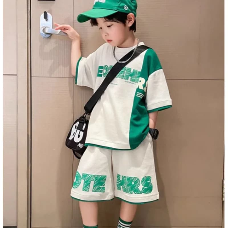 Korean Children's Clothes 2025 Summer Teenage Boy Letter Outfit New Kid Suit Thin Short Sleeves T-shirt + Shorts Two Piece Set