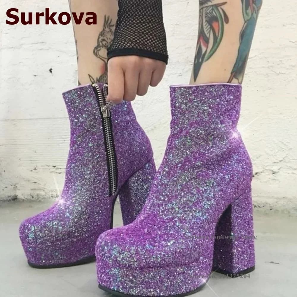 Surkova Bling Bling Purple Sequined Ankle Boots Chunky Heel Platform Wedding Shoes Zipped Glitter Booties Size46 Banquet Pumps