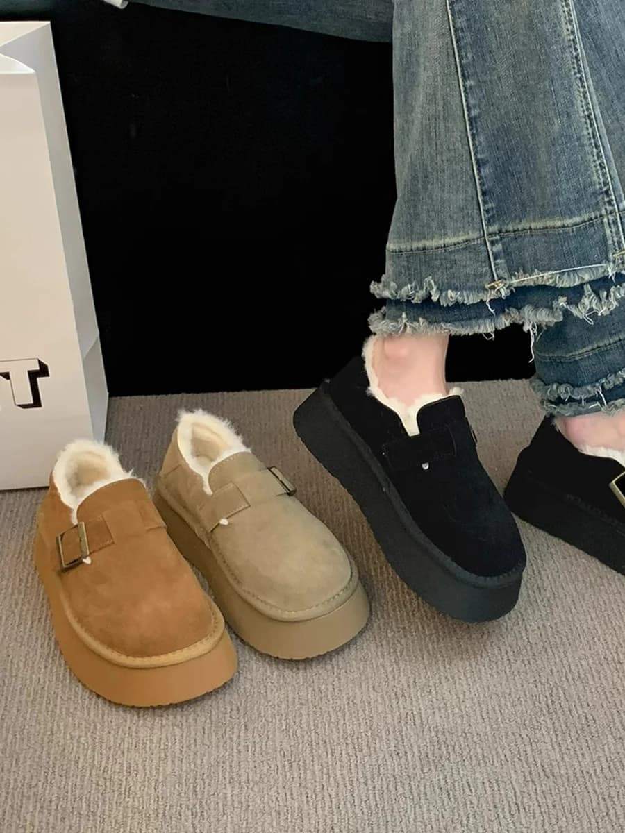 Women Slip-on Female Shoes Clogs Platform Round Toe Slip On Winter New Dress Creepers Flock Med Rome Snow Boots Short Plush Mid-