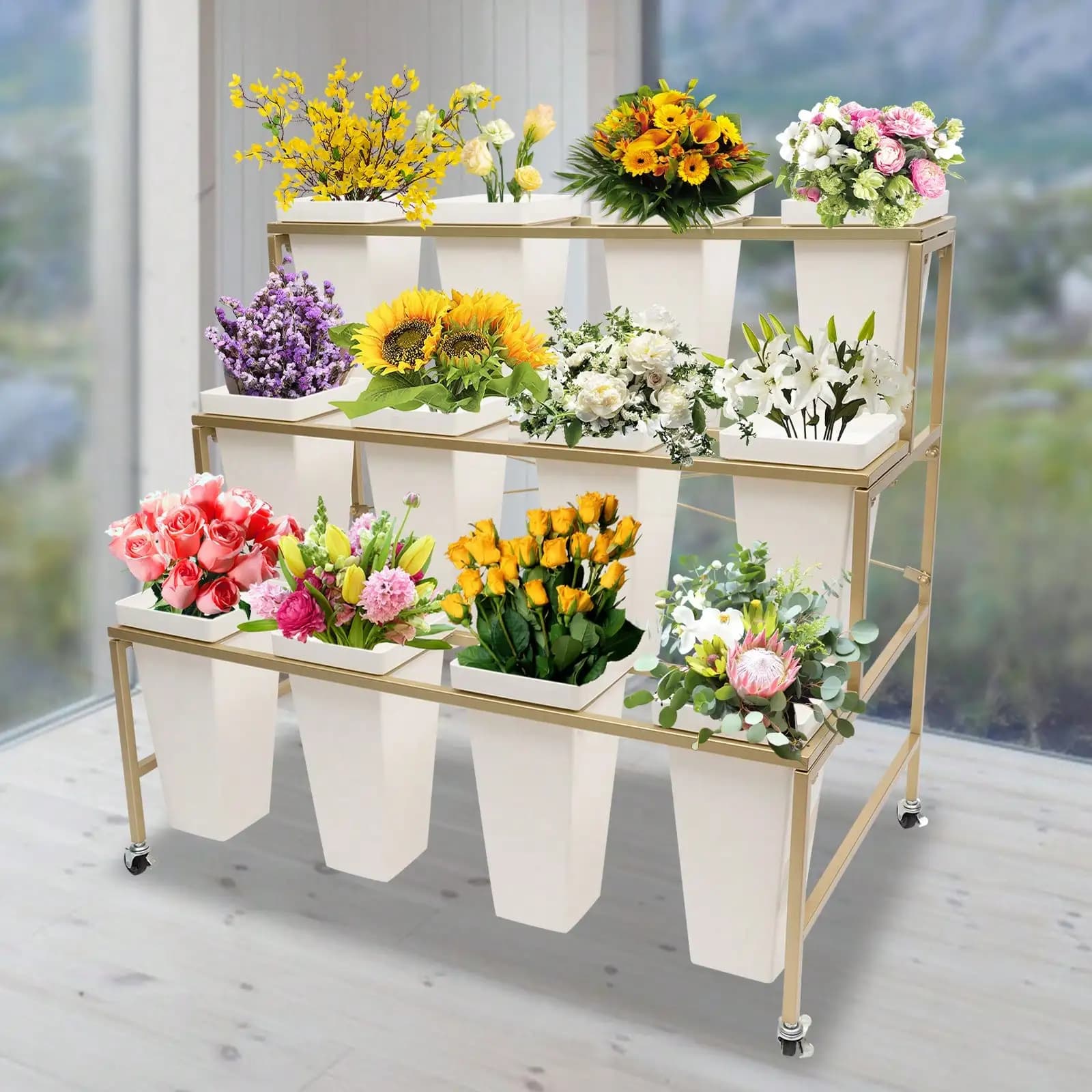 Gold  Three Layer Flower Shop Flower Display Rack Gold One Layer With Four White Square Buckets (12 Small Buckets+Rack)
