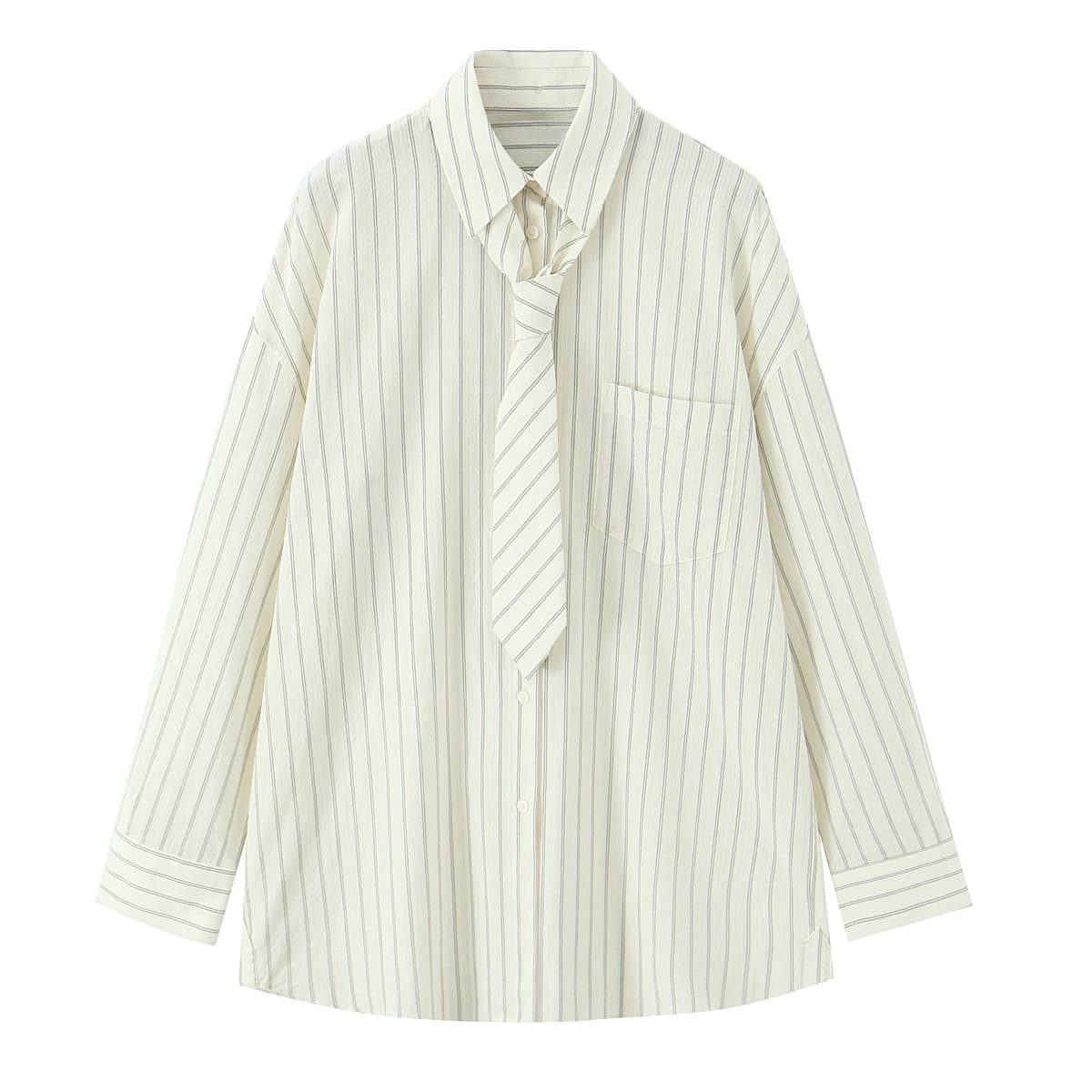 2025 autumn new women's casual fashion temperament loose versatile striped tie lapel long-sleeved shirt top