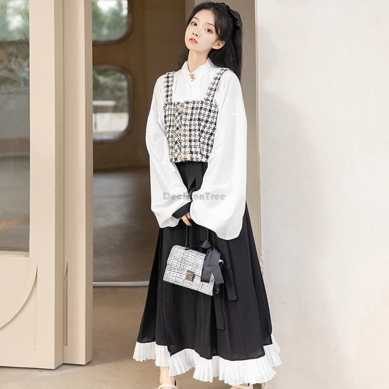 2025 improved modern chinese hanfu three-piece set stand collar long sleeve blouse plaid vest long dress daily loose hanfu w831