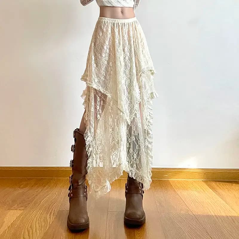 Deeptown Lace Asymmetrical Skirt Fairycore Women Vintage Y2K Boho Aesthetic Fashion High Waist Mid Skirts Lady Holiday Outfits