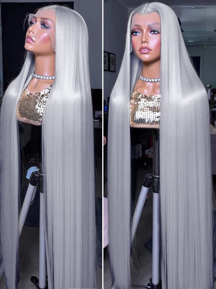 250% Silver Grey Colored Straight Human Hair Wigs 13x6 HD Lace Front Wigs Brazilian 30 40 Inch 13x4 Lace Frontal Human Hair Wigs
