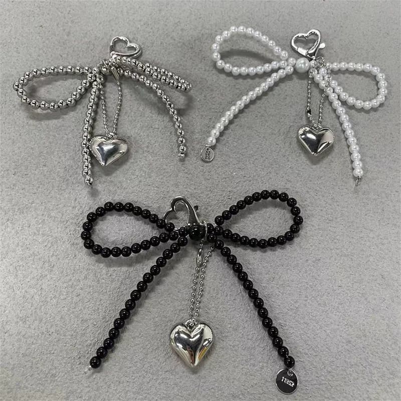 Handmade Pearl Bow Shaped Pendant Keyring Delicate Beaded Key Chain Heart Keychain Ornament Pearl Decoration For Bags Phones