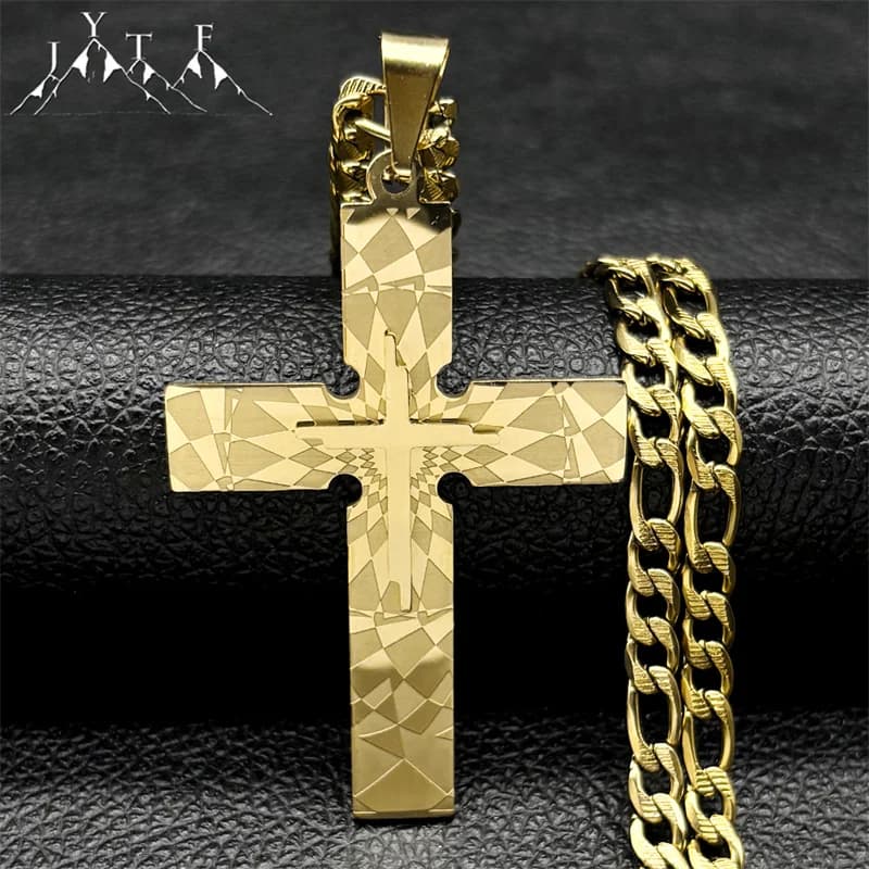 Punk Big Jesus Cross Necklace for Men Women Stainless Steel Gold Silver Color Figaro Chain Biker Jewelry Boy Friend Gift Jewelry