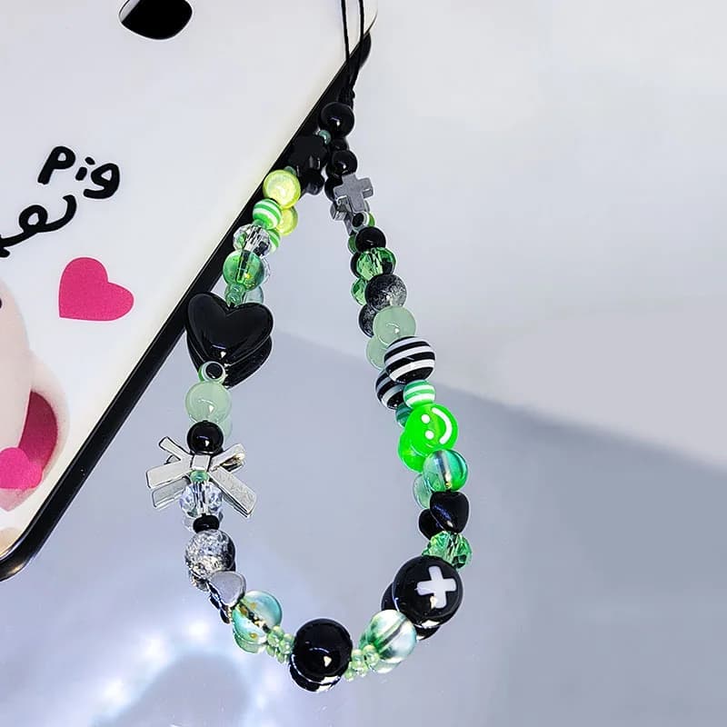 Green Black Mobile Y2k Phone Charm Strap Chain Lanyard Silver Cross Bow Bead Acrylic Heart Women Girl Keychain Fairycore Jewelry