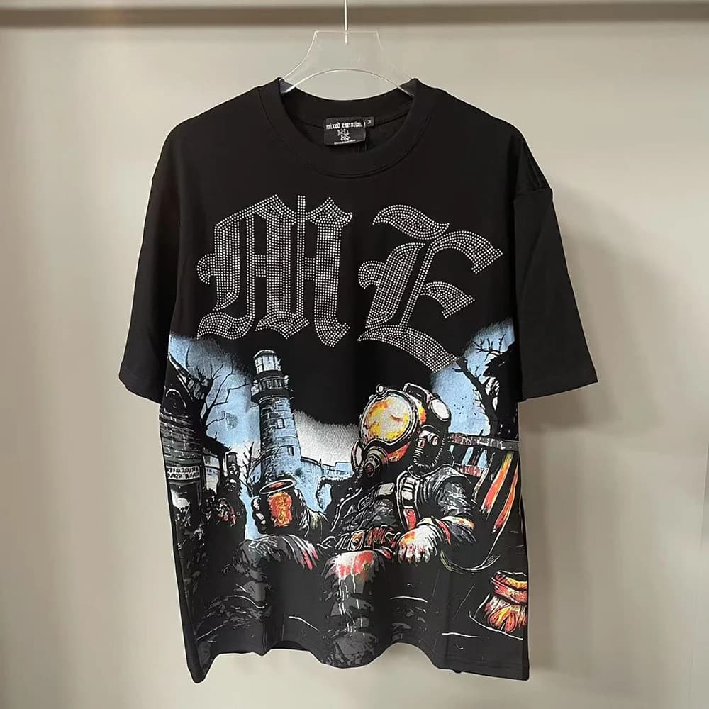 New Summer Letter Rhinestone Short Sleeve Black Mens Tshirts Streetwear Cotton Loose Round Neck Top Tees Oversized Unisex Tshirt